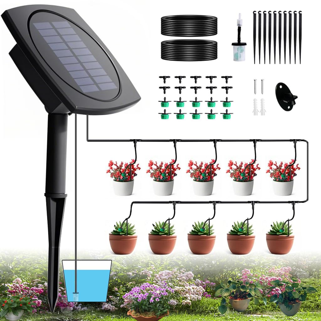 Solar Drip Irrigation System, Auto Watering Kit for 10 Pots, Solar-Powered Plant Watering, 12 Timer Modes, Automatic Garden Watering System for Greenhouse, Balcony & Patio Irrigation System
