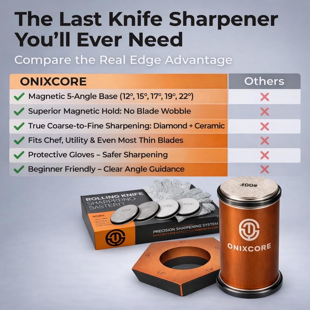 Onixcore Kitchen Knife Sharpening Kit - Rolling Knife Sharpener 5 Angles (12,15,17,19,22°) - 5 Sided Rolling Knife Sharpener with Replacement Discs and Gloves - Rolling Sharpener for Knives