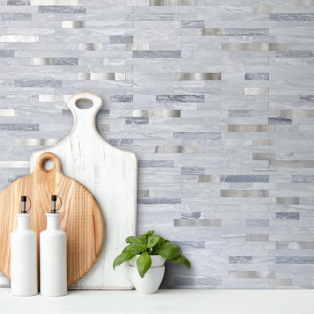 AULIGET 20 Sheets Faux Stone Peel and Stick Backsplash, Light Grey Marble Look PVC Mixed Metal Wall Tiles Stick on Backsplash for Kitchen