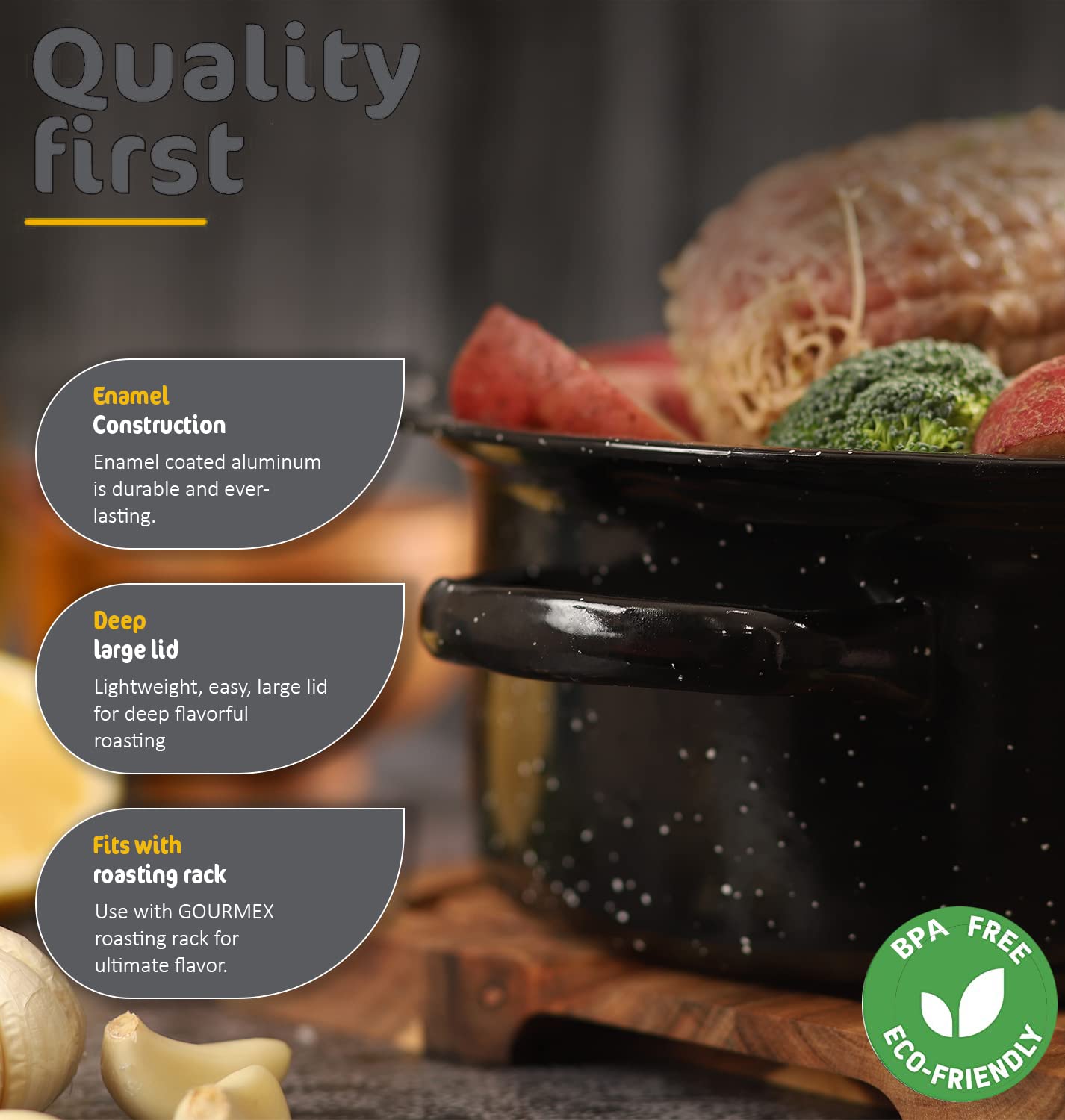 GOURMEX 22lb Oval Black Ceramic Enamel Coated Roasting Pan | Dutch Oven Pot With Lid | Dishwasher Safe, Oven Safe, Freezer Safe | Ideal For Chicken, Turkey Roasting Pan