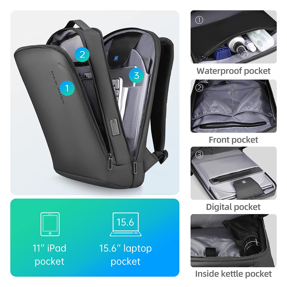 Markryden slim Laptop Backpack with USB Charging Port Water-Resistant School Travel Work Bag Fits 15.6 Inch Laptop