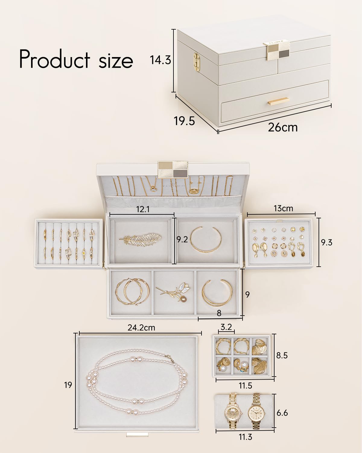 Vlando Jewelry Boxes for Women,3 Layers Jewelry box Organizer With Expandable and Removable Tray,Jewelry Organizer Box for Earring,Ring,Necklace,Bracelets,Beige