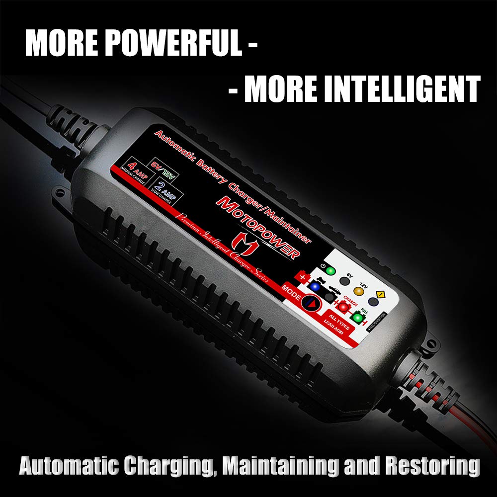 MOTOPOWER MP00207 6V / 12V 4AMP Fully Automatic Smart Battery Charger Maintainer Rescure for All Types Lead Acid Batteries of Car, Motorcycle, Boat - Battery Recover Mode