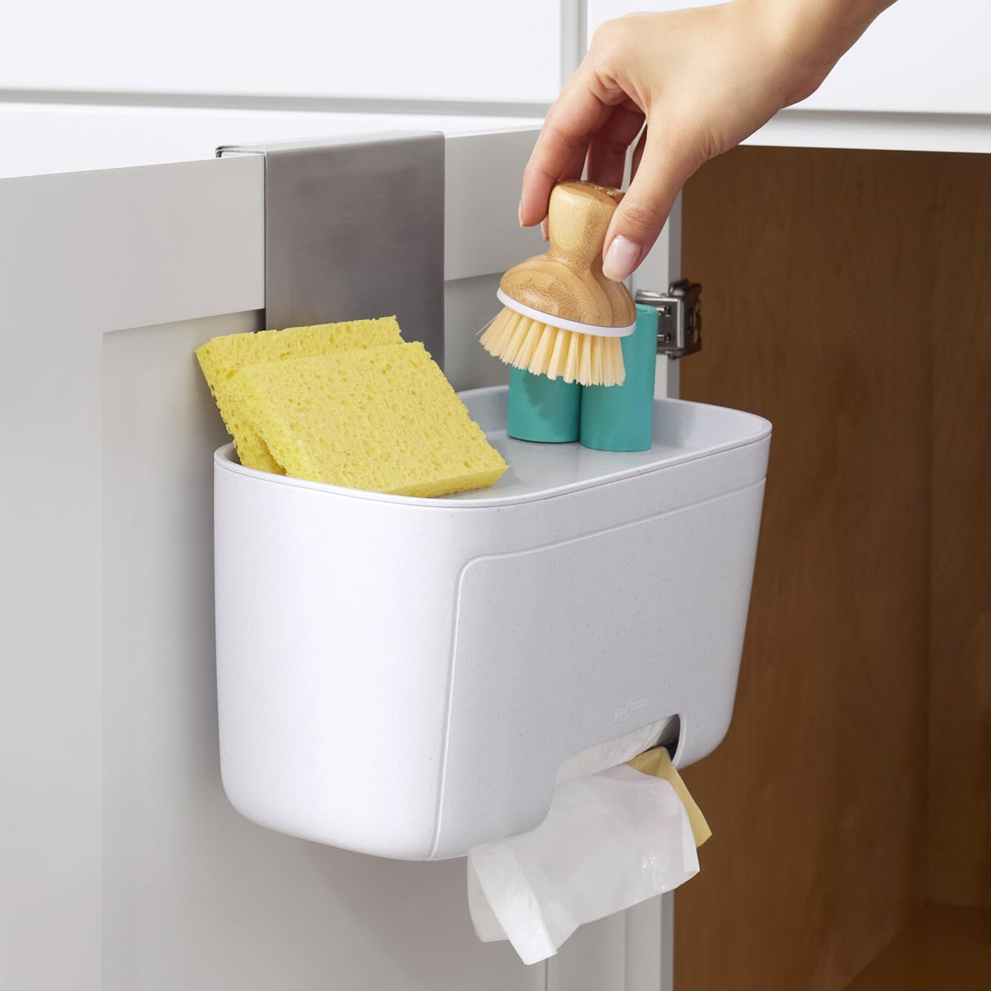 YouCopia DoorStash Garbage Bag Dispenser, Hanging Kitchen Cabinet Door Organizer with Removable Lid for Storage, Speckled White