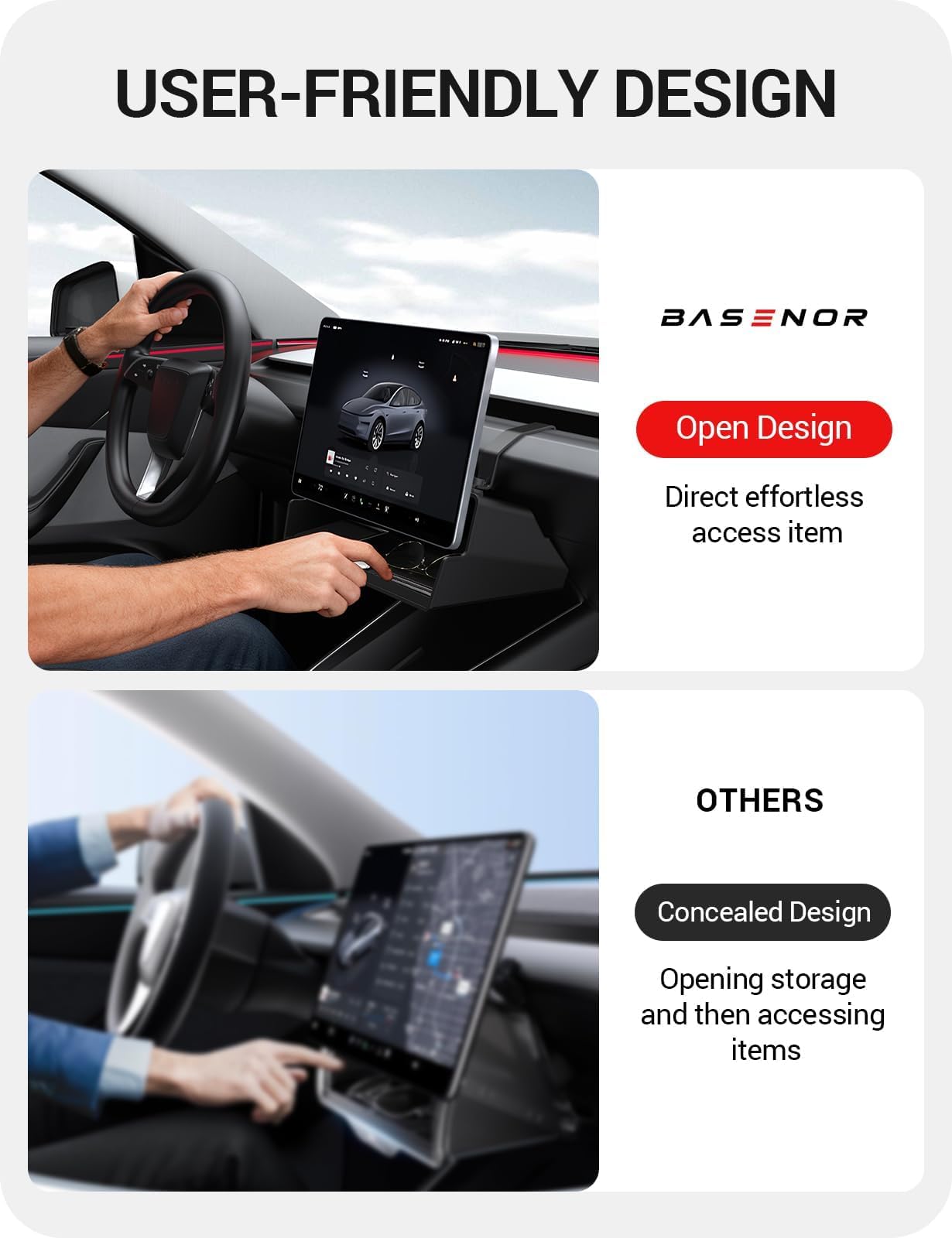 BASENOR 2026 Tesla Model Y Model 3 Center Console Organizer Storage Tray [100% Secure] Under Screen Organizer Box Tesla Interior Accessories for 2024-2026 Model 3 Highland 2025 2026 Model Y Juniper