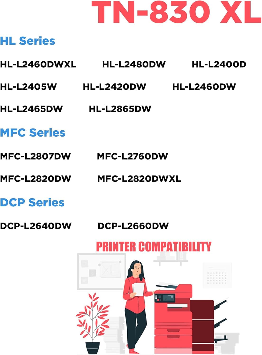 PrinterPro™ Toner tn830 Compatible with Brother TN830XL Black Toner Cartridge tn830 XL tn-830 HighYield DCP L2460DW HL L2400D L2405W L2465DW MFC-L2900DW L2820DW L2807DW (4PK)