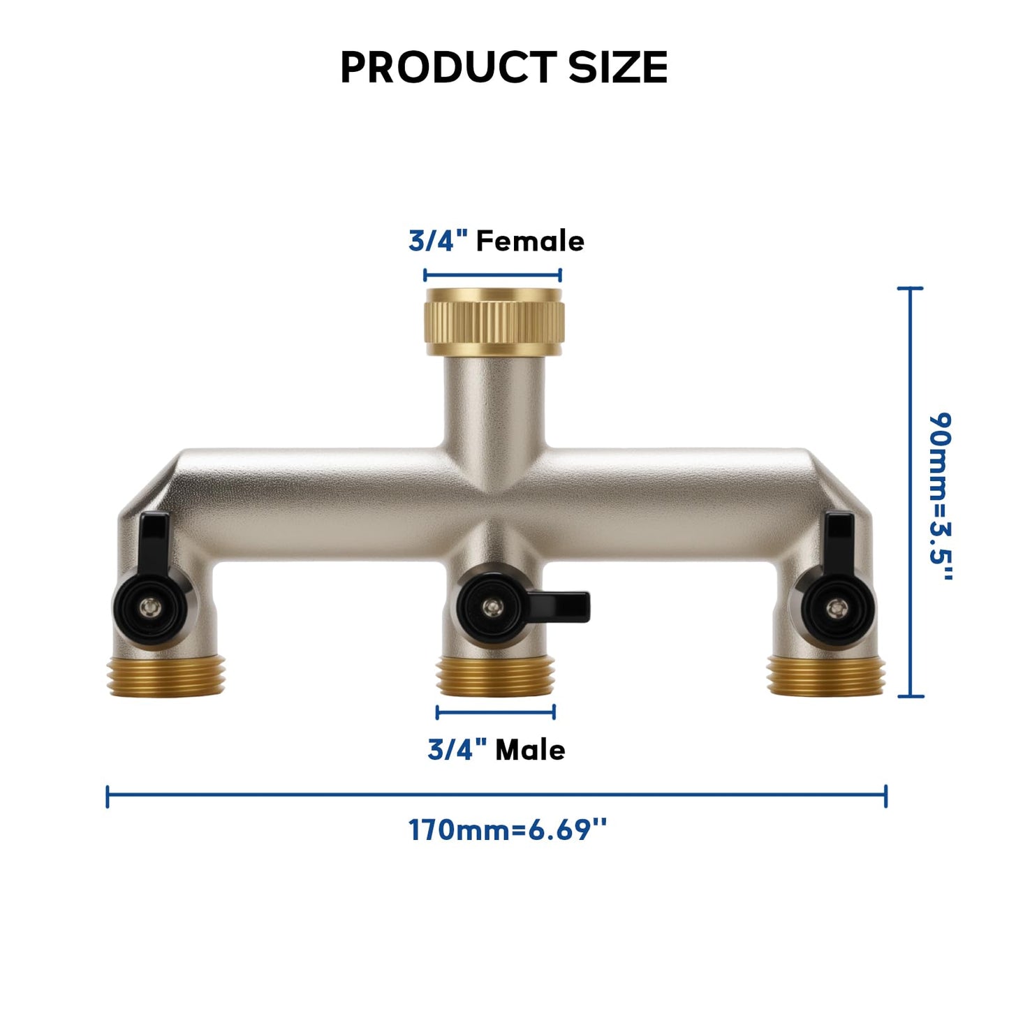 MEASUREMAN 3-Way Heavy Duty Brass Garden Hose Splitter Kit Leak-Proof Water Distributor with Shut-Off Valves 3/4" Faucet Connector for Garden, Lawn, RV & Irrigation