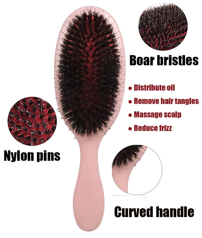 Boar Bristle Detangling Paddle Hair Brush for Curly Fine Wavy Natural Hair, Anti-frizz Detangler Brush Boar Nylon Mixed Bristle Styling Hairbrush for Women and Men