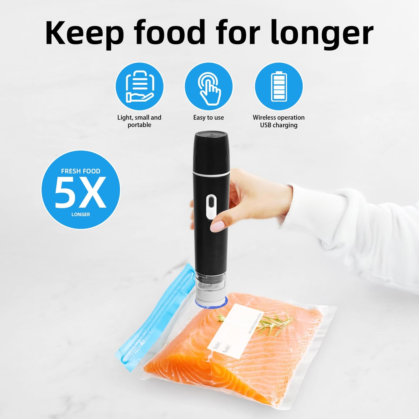 Handheld Vacuum Sealer for Food Sealer& Storage with 15PCS Multi-Sized Reusable Zipper Sous Vide Vacuum Bags. Vacuum Sealer with Mini USB Rechargeable, EAGZFFI(Black)
