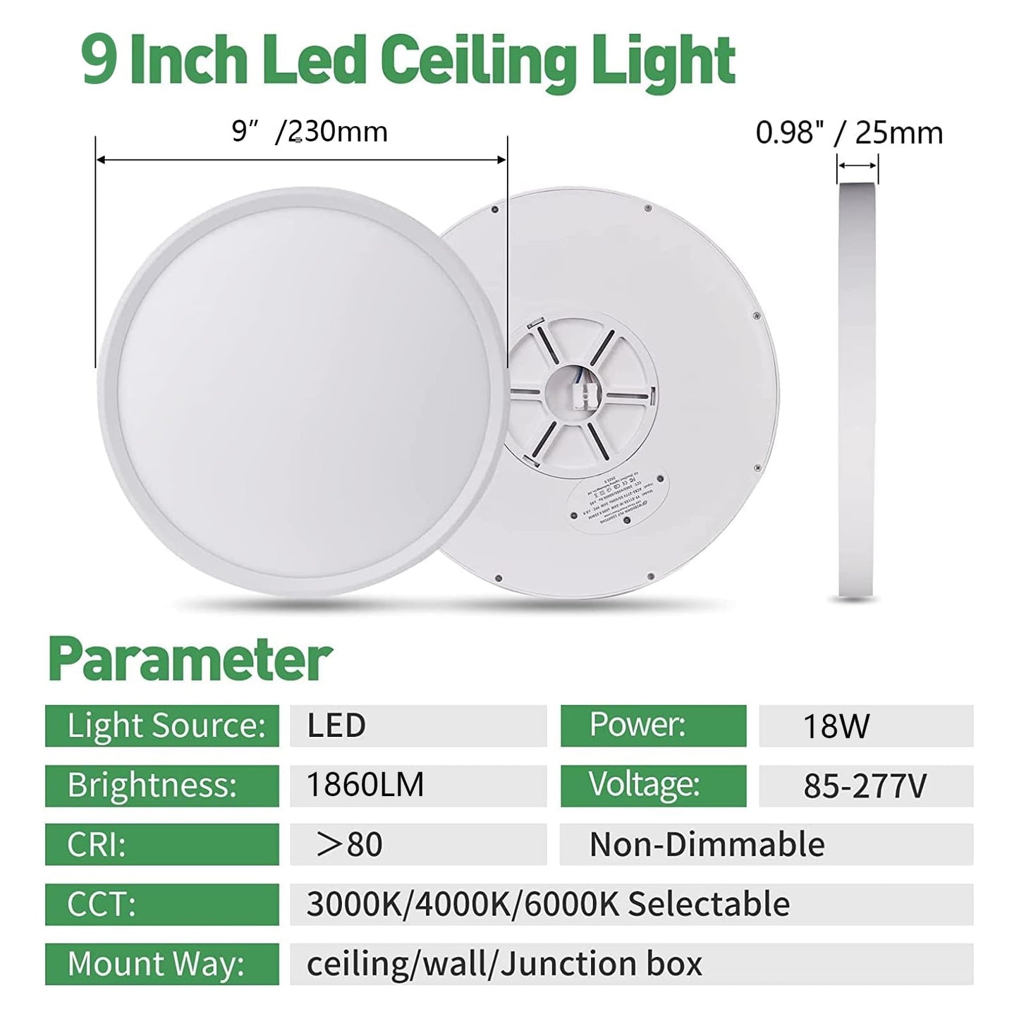4PK 9 Inch White LED Flush Mount Ceiling Light, 18W, 1860LM, 3000K/4000K/6000K CCT Selectable, Round Flat Panel Light Low Profile Ceiling Light Fitures for Hallway, Kitchen, Bedroom, Laundry Room