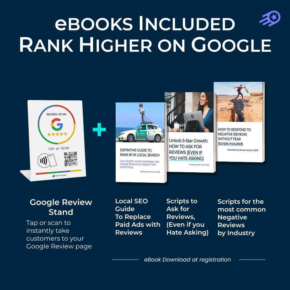 Review Launch Review Stand Compatible with Google Reviews | Boost Online Reviews and Google Rank with Fast Zappy NFC Tap Card QR Code Stand Works Like Digital Business Card (Large Stand, 3 Pack)