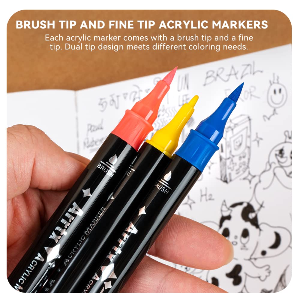 Arrtx Acrylic Paint Pens, 32 Colors Dual Tip (Brush & Fine) for Rock Painting, Fabric, Wood, Plastic, Canvas, Easter Eggs