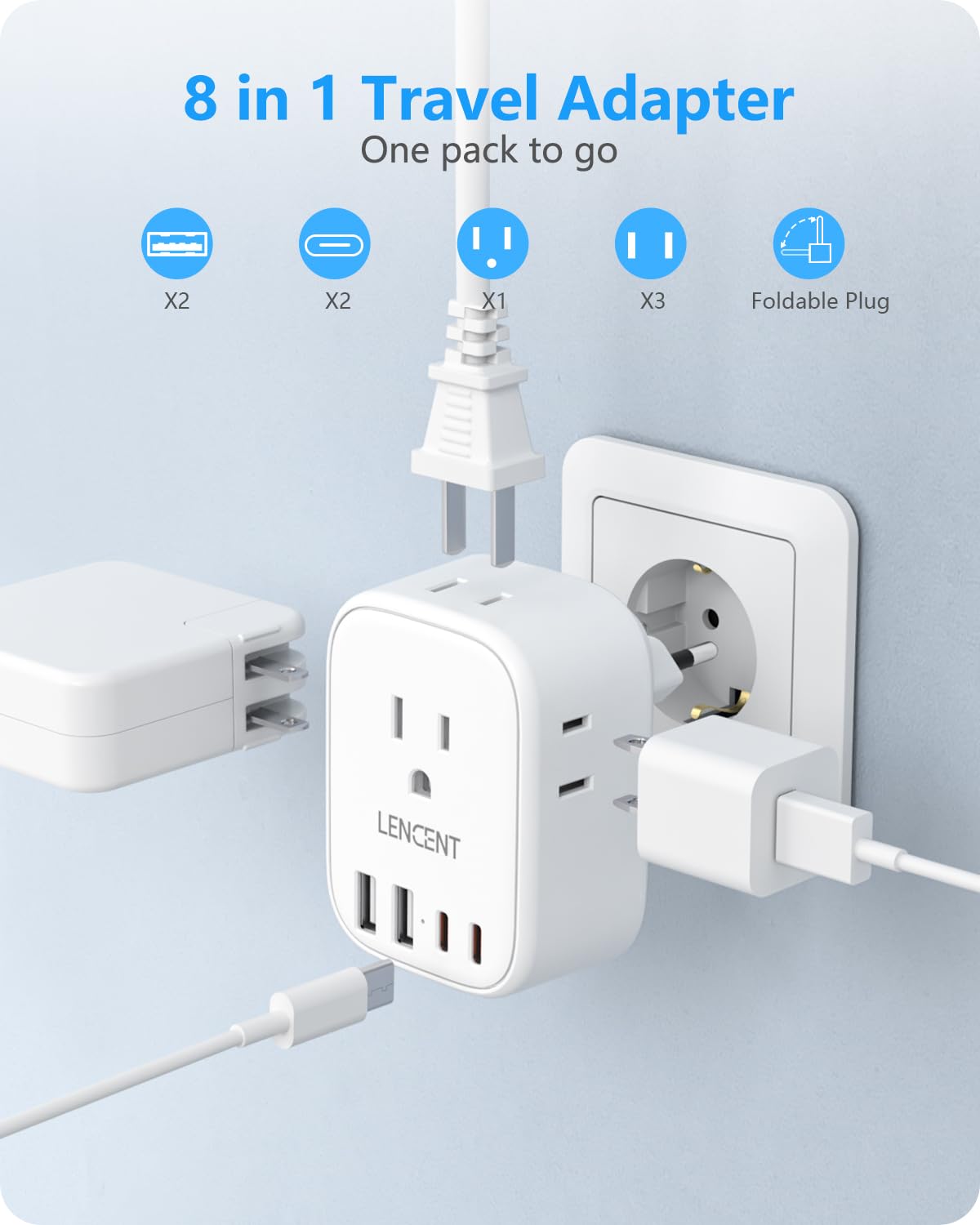 2 Pack European Travel Plug Adapter, LENCENT International Type-C Foldable Power Plug with 4 Outlets, USB C Charger Adaptor, Canada/US to Most of Europe EU Iceland Spain Italy France Germany Greece