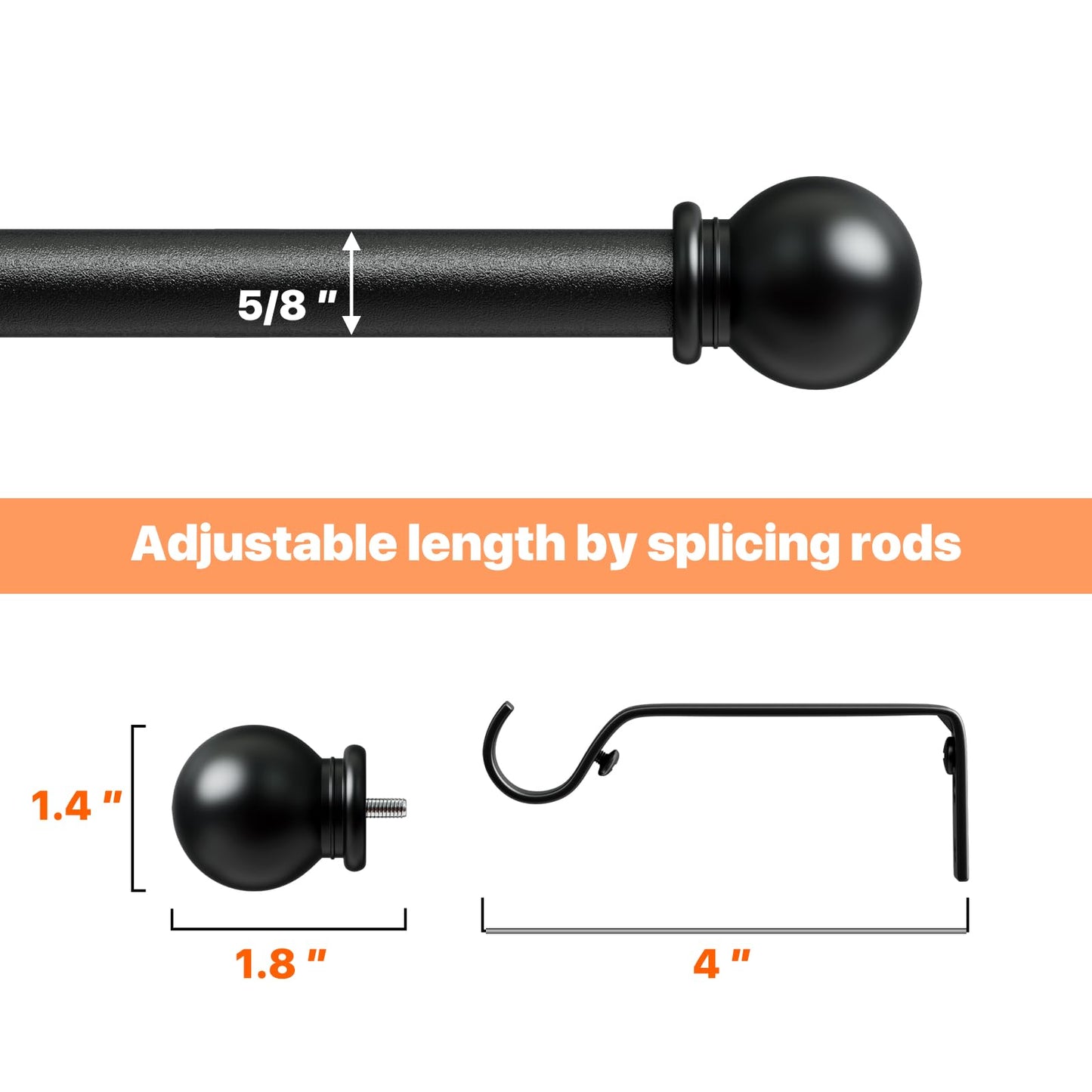 2 Pack Black Curtain Rods 84-120, Long Adjustable Curtain Rod for Patio Outdoor, Sliding Glass Door, Decorative 5/8 Diameter Drapery Rod Set, Heavy Duty Metal Pole for Drape 10 ft