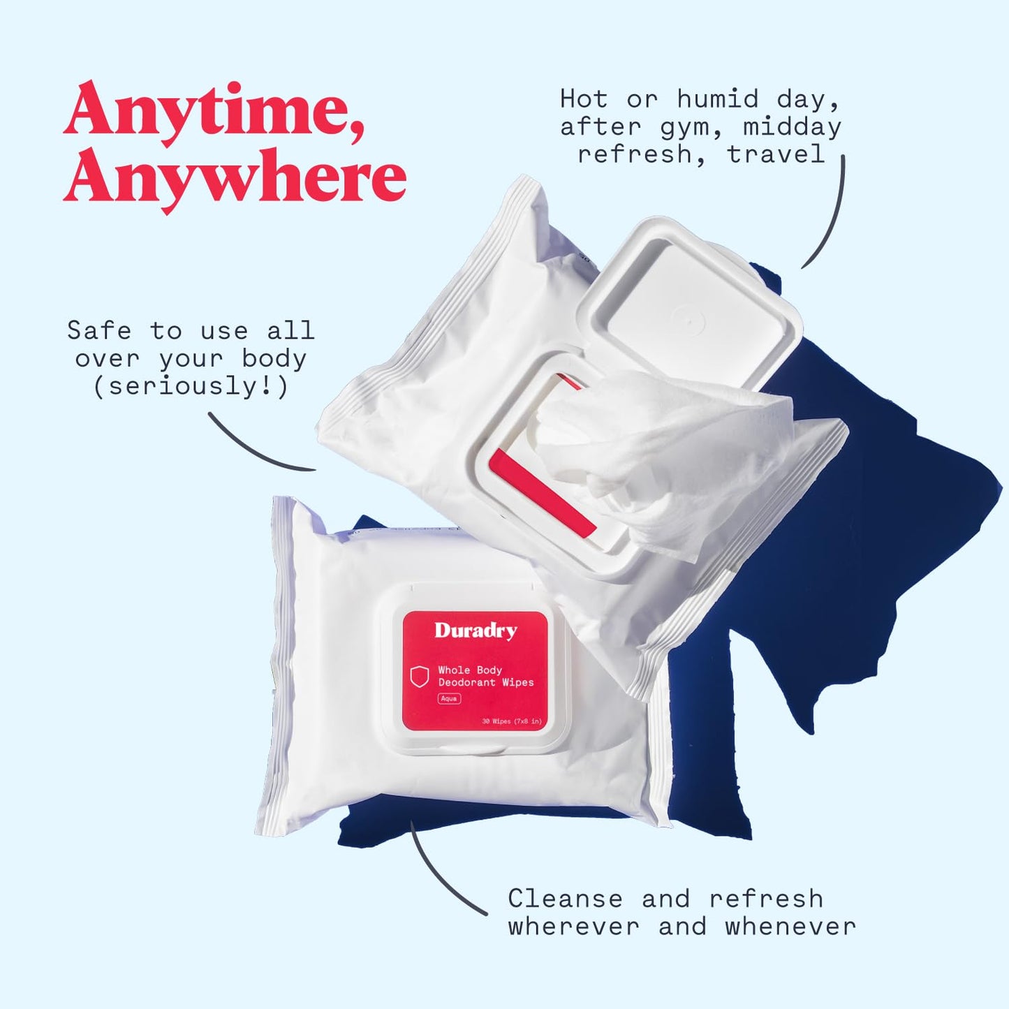 Whole-body Deodorant Wipes for Men & Women - Body Wet Wipes for Odor Control, Use for On-the-Go Cleansing, Gym Sessions, Travel, or Rinse-Free Shower Alternative - Aqua Scent, Pack of 3