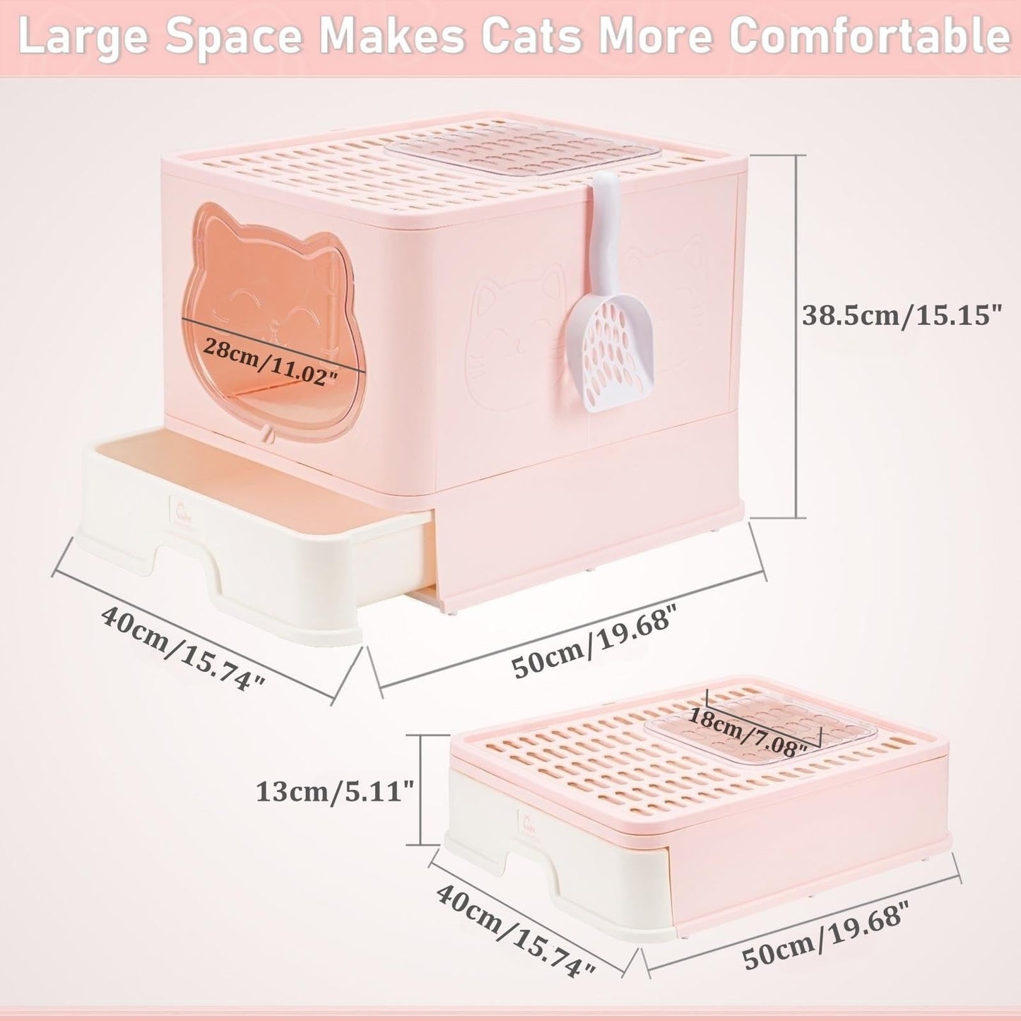HelloMiao Fully Enclosed Cat Litter Box with Lid, Foldable Extra Large Cat Toilet, Drawer Type Cat Litter Tray with Plastic Scoop, Suitable for Cats Under 17.6Ib(8kg)