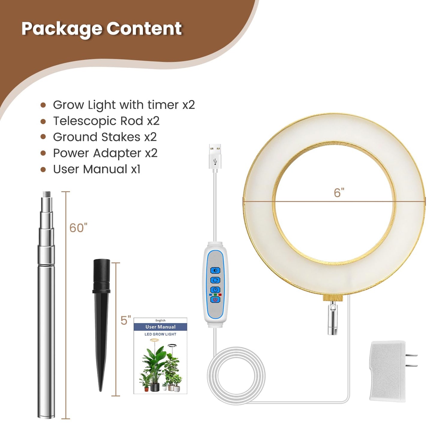 Aokrean Grow Lights for Indoor Plants, Full Spectrum Plant Lights for Indoor Growing with 6/12/16H Timer, 3 Optional Spectrums, 5 Brightness, Height Adjustable 10"-65" Faux Wood Grain Growing Lamp