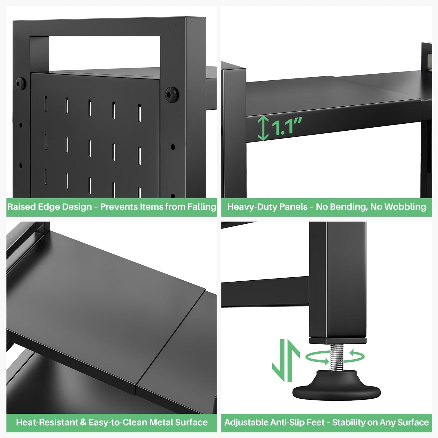 Expandable Microwave Stand,Heavy Duty 3-Tier Adjustable Height Microwave Oven Rack with 9 Hooks, Towel Rack, and Cutting Board Holder, Countertop Kitchen Shelf Organizer, Holds up to 180 lbs, Black