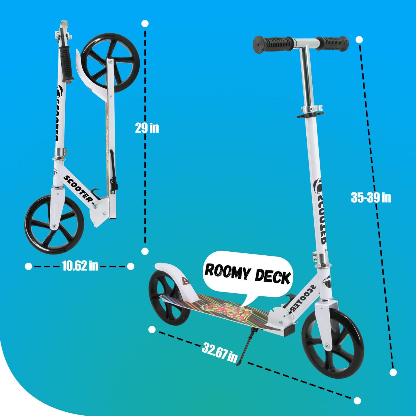 Leefleuy Folding Big Wheel Scooter for Kids Ages 6+,3 Adjustable Levels and Kick Stand,Kids Scooter Age 8-12,City Scooter for Teens & Adults 11-15 (White)