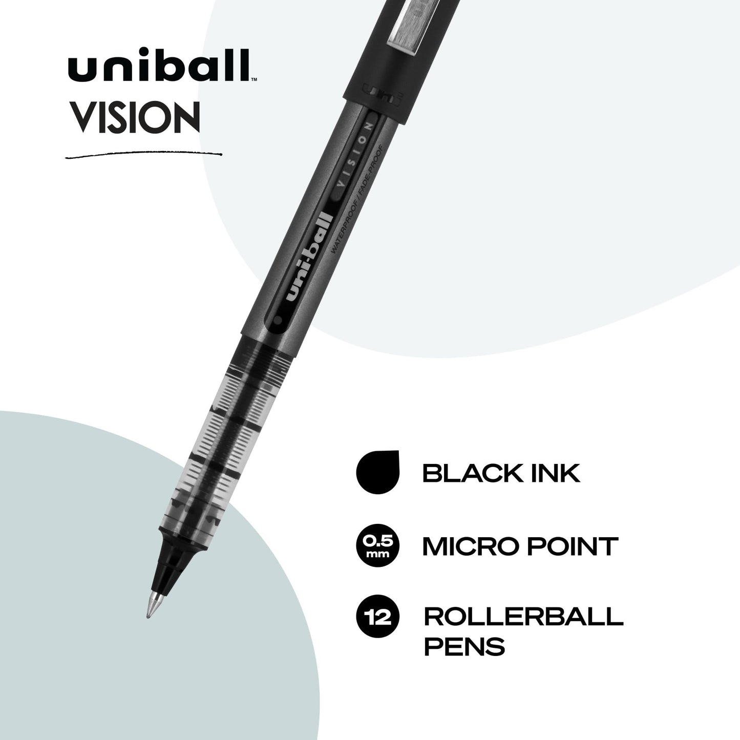 uni-ball VISION Rollerball, Stick Roller Ball Pen Micro-0.5mm, 12 Pack, Black Ink (60106)