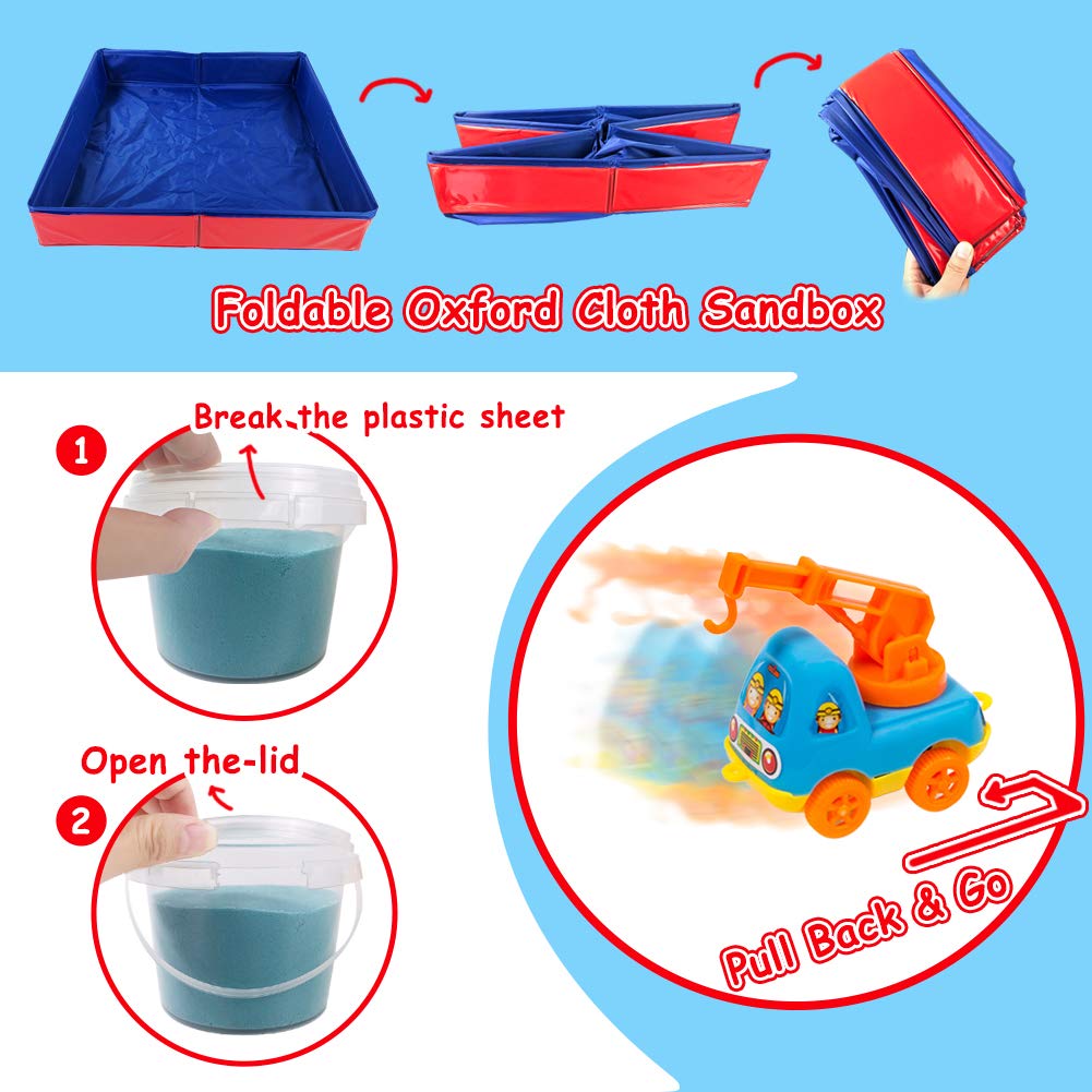 Play Construction Sand Kit - 3lbs Sand with 2 Colors, 6 Mini Construction Trucks, Construction Toys and Signs, Animal Mold, Modeling Tools, Foldable Sandbox with Clean Set Gifts for Boys Girls