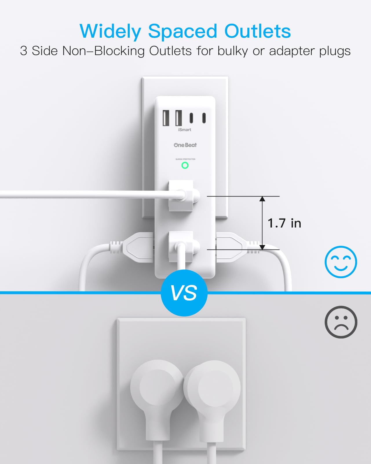 2 Pack Surge Protector Outlet Extender with Rotating Plug, 6 AC Multi Plug with 3 USB Ports (1 USB C), 1800 J, 3-Sided Swivel Power Strip with Spaced Splitter for Dorm Office, White