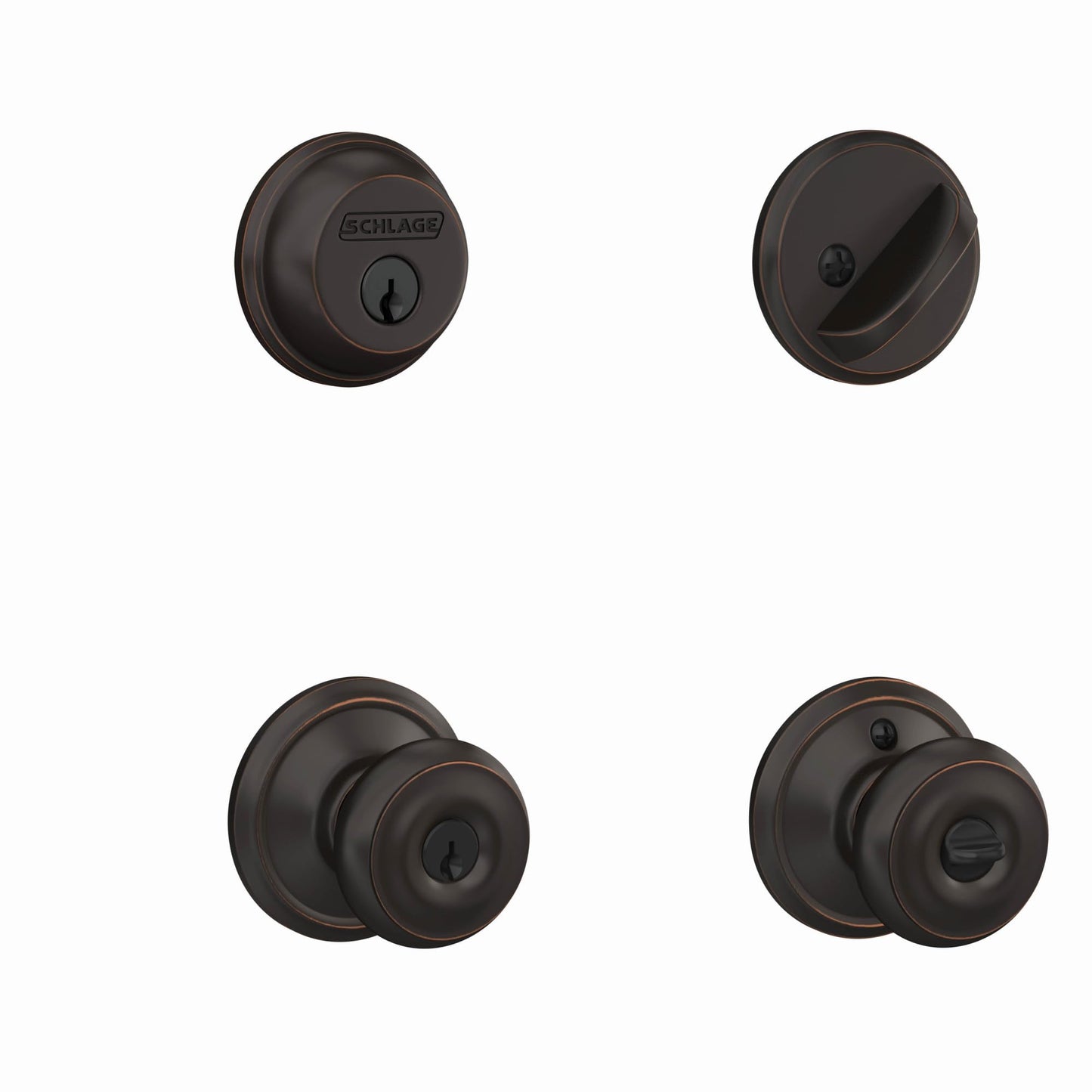 Schlage FB50N V GEO 716 B60 Single Cylinder Deadbolt and F51 Keyed Entry Georgian Knob Keyed Alike, Aged Bronze Finish