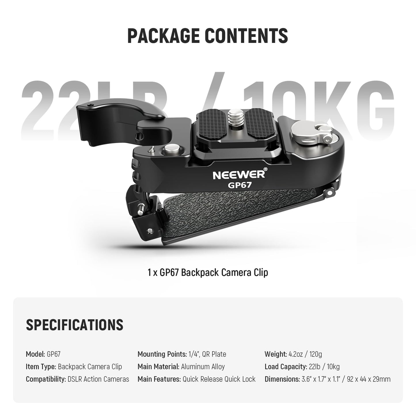Neewer Backpack Camera Clip Mount with Square QR Plate, Upgraded Safety Latch, Quick Release Camera Belt Clip Backpack Strap Compatible with Peak Design PD QR System Canon Nikon Sony DSLRs, GP67