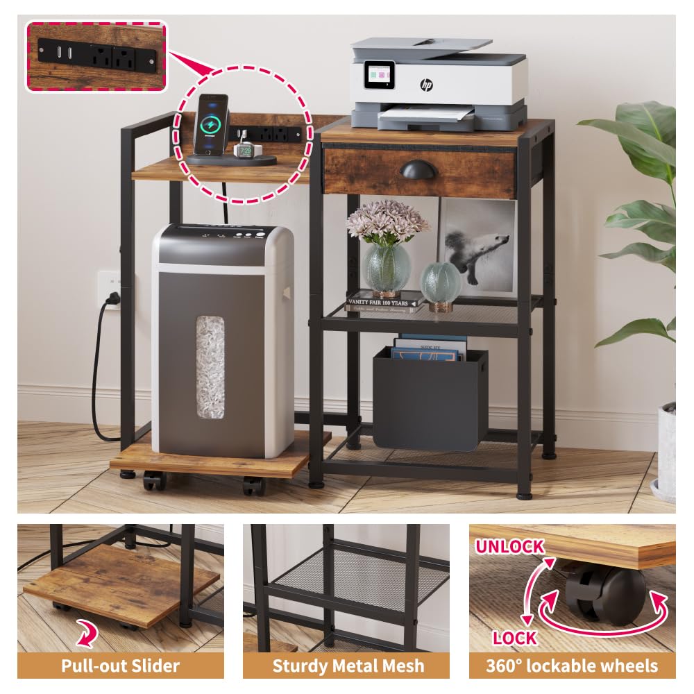 Furist Printer Stand with Storage, Mobile Printer Table with Charging Station and USB Port for Home Office, Desktop Shredder Shelf with Wheels, Rolling Cart with Drawers, Computer Tower Stand