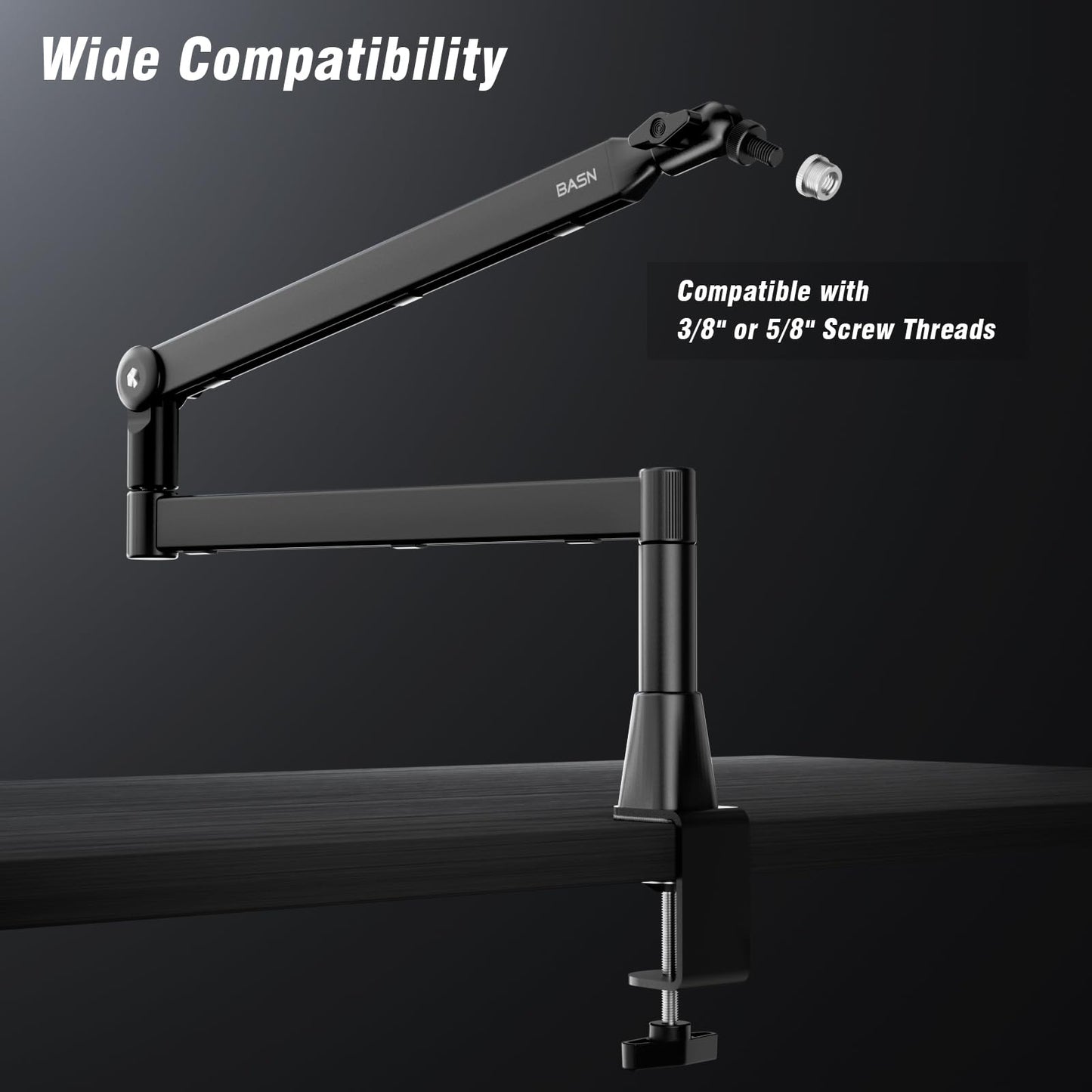 BASN Low Profile Mic Arm, Microphone Boom Arm Stand with Desk Clamp - Rotatable & Storable Design, Cable Management Channel, 3/8" to 5/8" Thread Adapter for Podcast, Gaming, Streaming, Vocal Recording