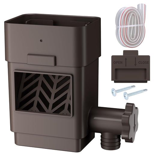 2026 Upgraded Rain Barrel Diverter Kit, Rainwater Collection System for 2''x3'' & 3''x4'' Downspout, Gutter Diverter for Rain Barrel with Enhanced Water Capacity, Filter, Adjustable Valve, Brown