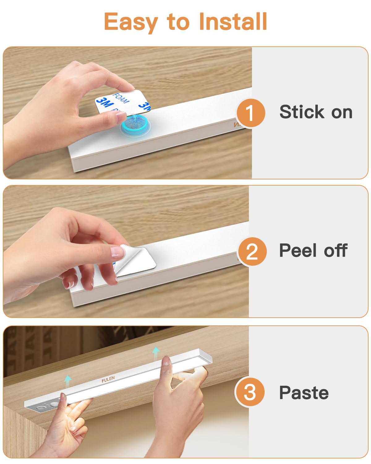 FULEN Under Cabinet Lights,3 Pack Motion Sensor Closet Lights,2500mAh Rechargeable Battery Operated Cabinet Lighting,Stick-On LED Closet Light,Wireless Indoor Lights Bar for Kitchen,Closets,Cabinet