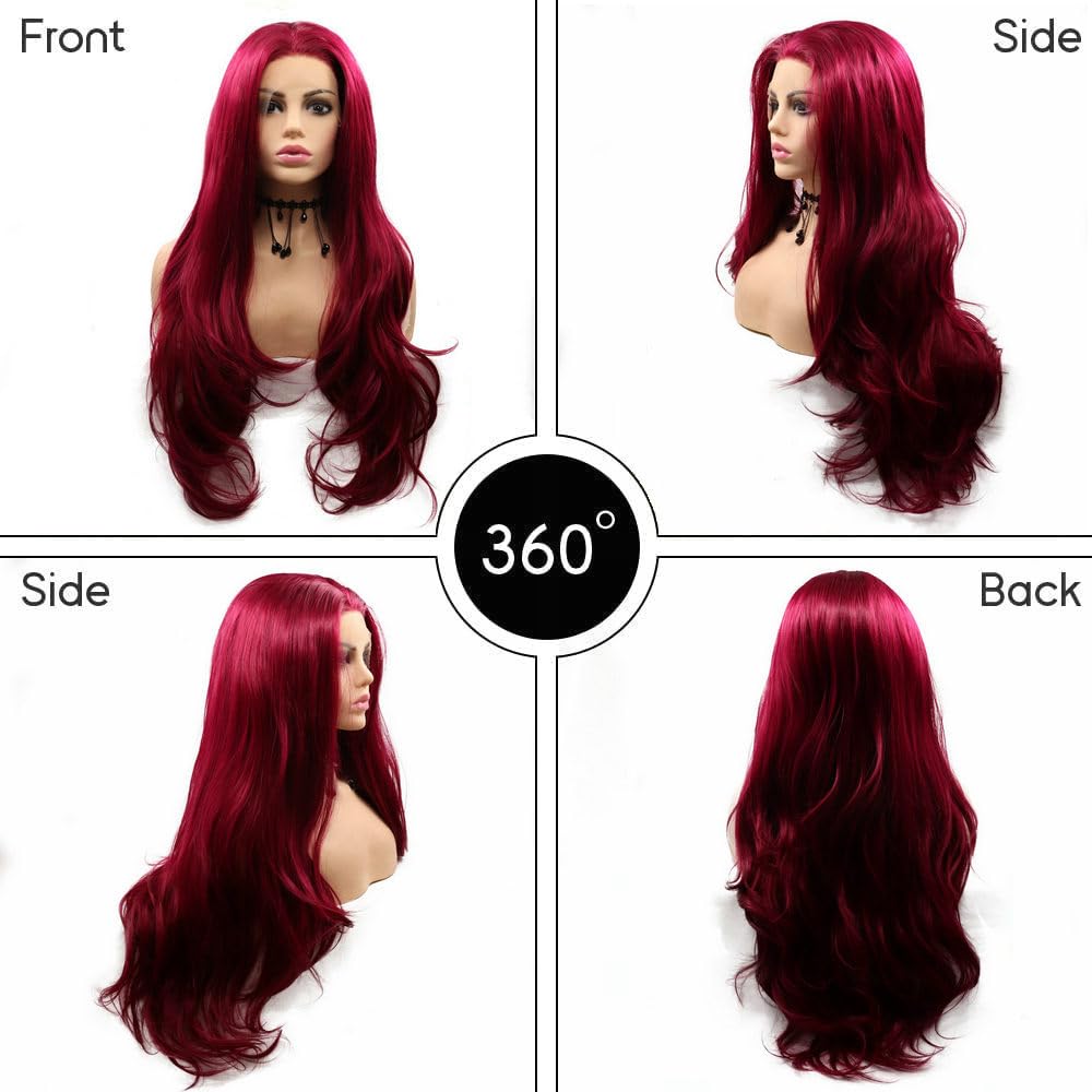 SERENEWIG Female Dark Red Synthetic Lace Front Wigs for Women Cosplay Party Replacement Drag Queen Mermaid Red Real Natural Color Long Wavy Hair Synthetic Full Glueless Wig 24"