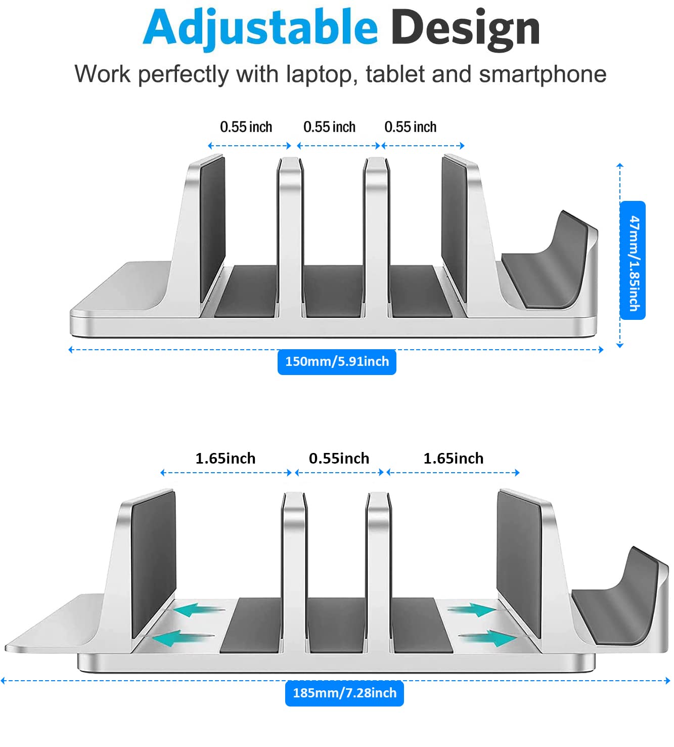 Vertical Laptop Stand,Upgraded Adjustable 4 Slots Laptop Stands, Desktop Aluminum Laptop Holder with Adjustable Dock Size, Tabletop Stand Holder for Most Laptops,MacBooks,PC,Tablets, Phones - Silver