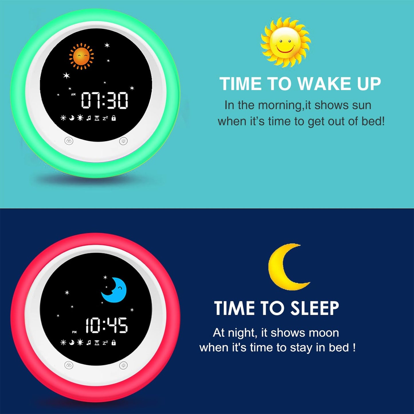 I.Code Sun & Moon Rise Kids Alarm Clock, Children's Sleep Trainer, Sleep Sound Machine, Wake Up Light & Night Light, Teach Kids Day & Night