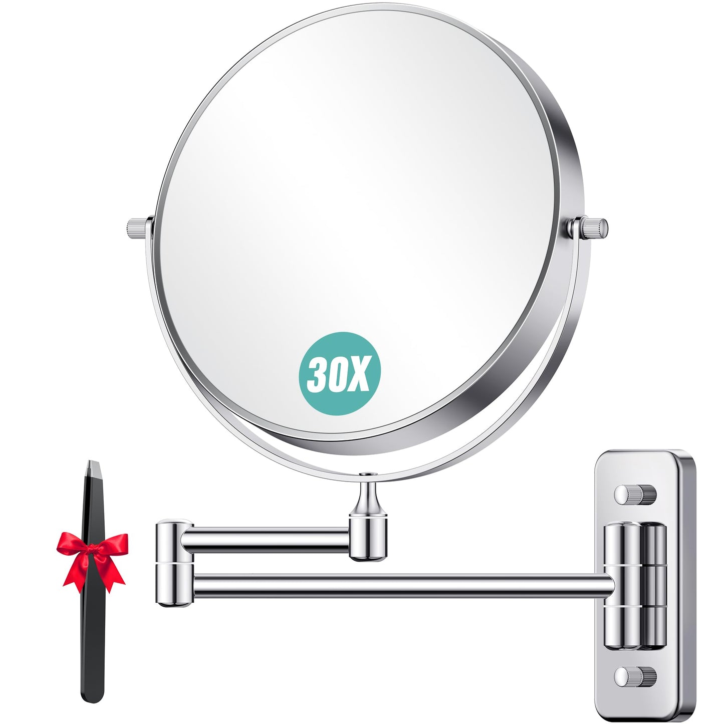 Auxmir 30X/1X Wall Mounted Makeup Mirror, 8" Double-Sided Magnifying Mirror with Tweezers, Bathroom Vanity Makeup Mirror, Cosmetic Mirror with 360° Swivel Extendable Arm, Chrome