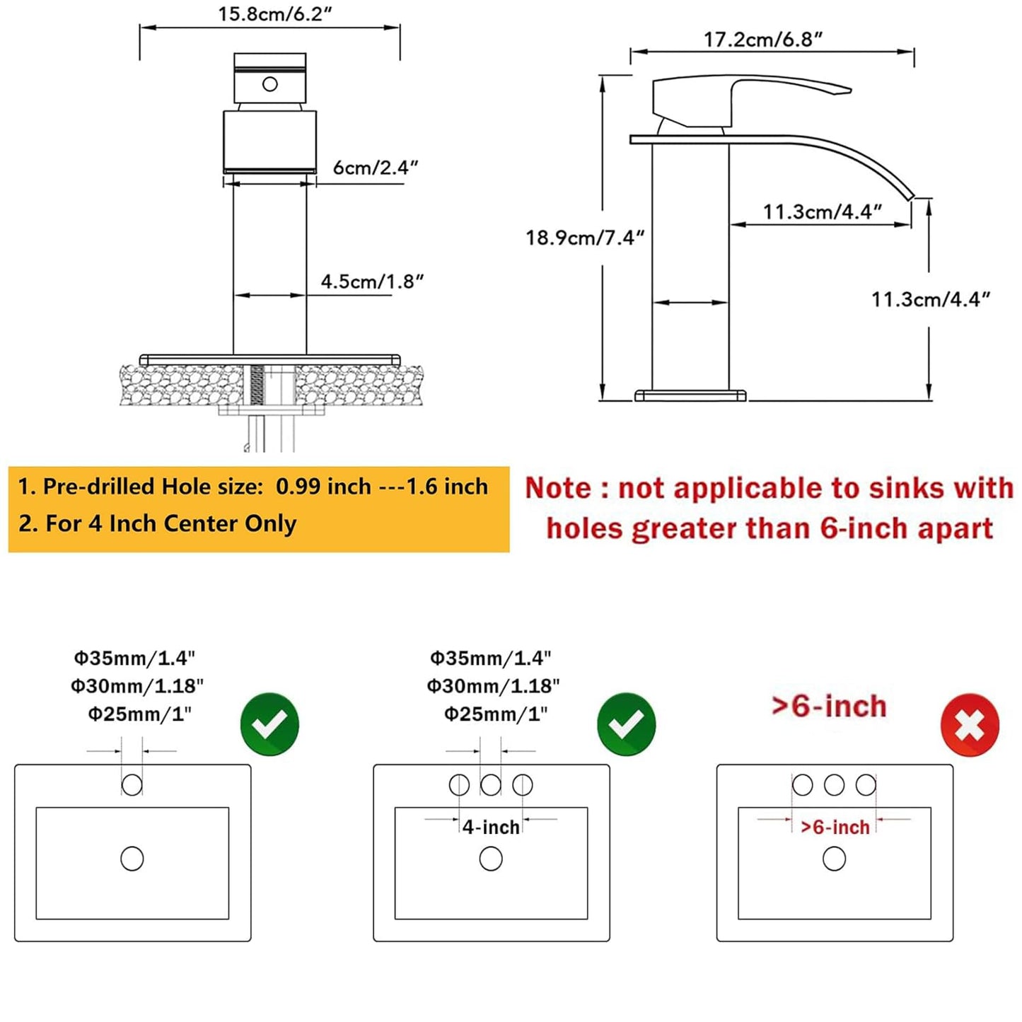 BESy Black Waterfall Spout Bathroom Faucet, Single Handle Bathroom Sink Faucet with Pop-up Drain, Rv Vanity Faucet with Deck Plate & Supply Hoses, Matte Black, 1 or 3 Hole