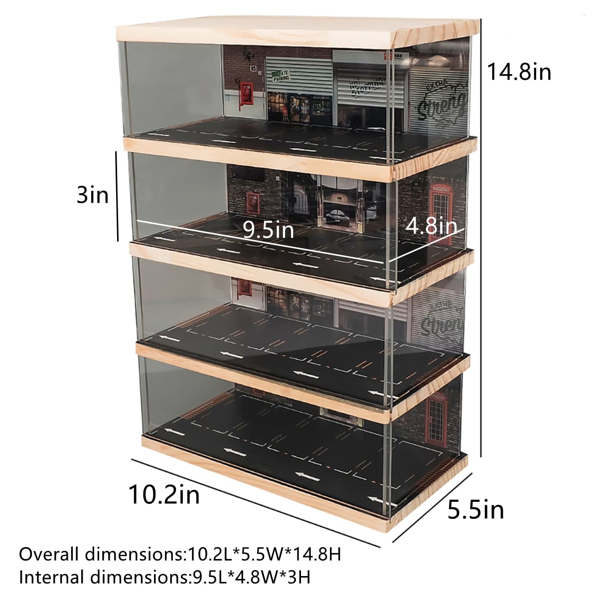 kivcmds 1:64 Scale 4-Tiers Vehicle Model Car Display Case for Sports Car Model Collectors, Display Stand for Alloy Car Model Toy with Parking Lot Scene (4-Tiers Auto Repair Store Scene)