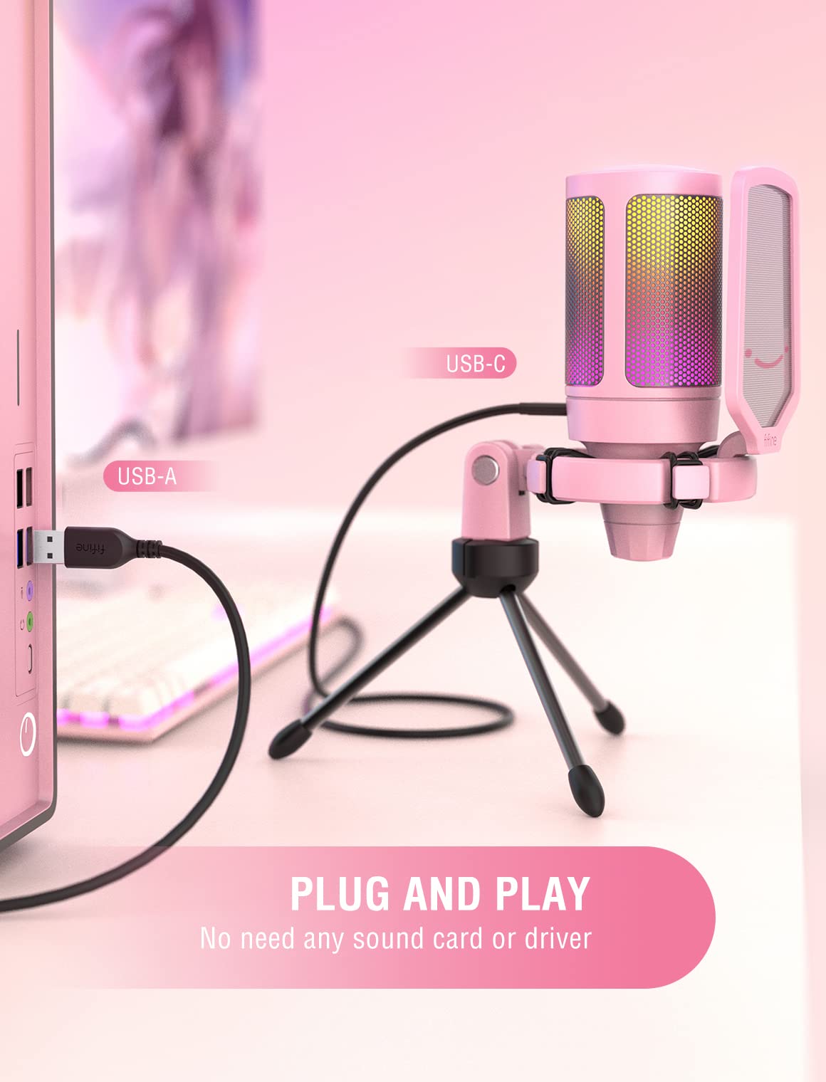 Fifine USB Gaming Microphone for PC PS4 PS5, Streaming RGB Computer Condenser Cardioid Mic with Mute Button, Volume Gain, Ideal for, YouTube, Video Podcasts-Pink A6P