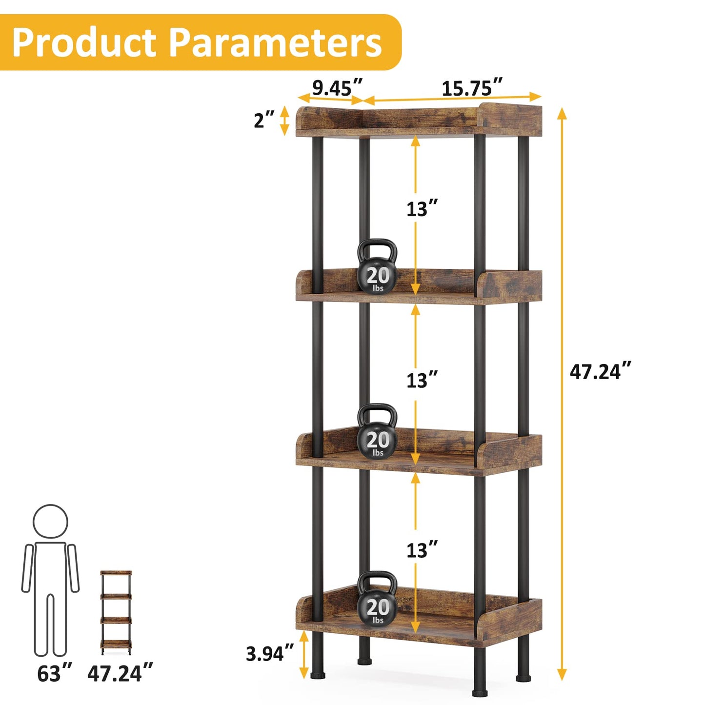 Hosfais Bookshelf Small Book Shelf, 4 Tier Wood Bookcase Industrial Bookshelf Metal Standing Book Shelves Display Book Rack for Living Room Bedroom Home Office (Rustic Brown)