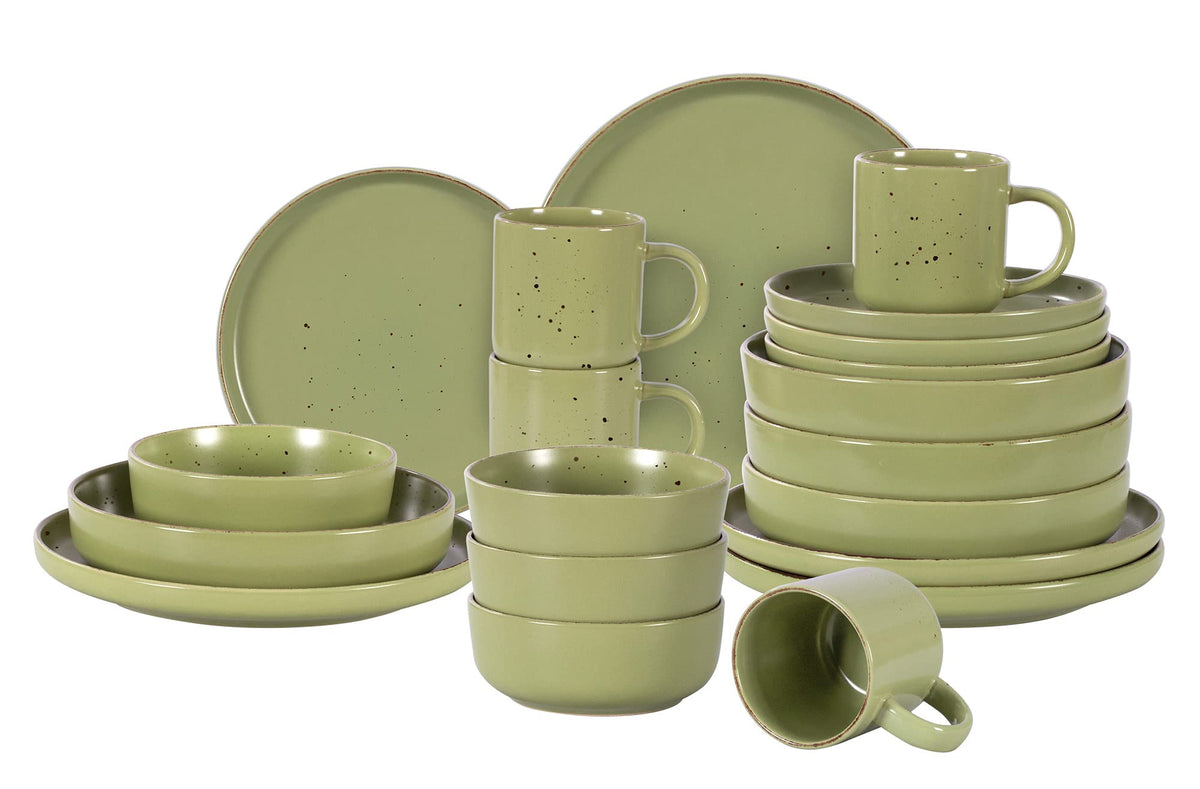 Home VSS 20-Piece Porcelcin Dinnerware Set - Nordic Raised Rim Tableware Collection with 4-Person Plates & Bowls, Matte Green with Speckled Spots