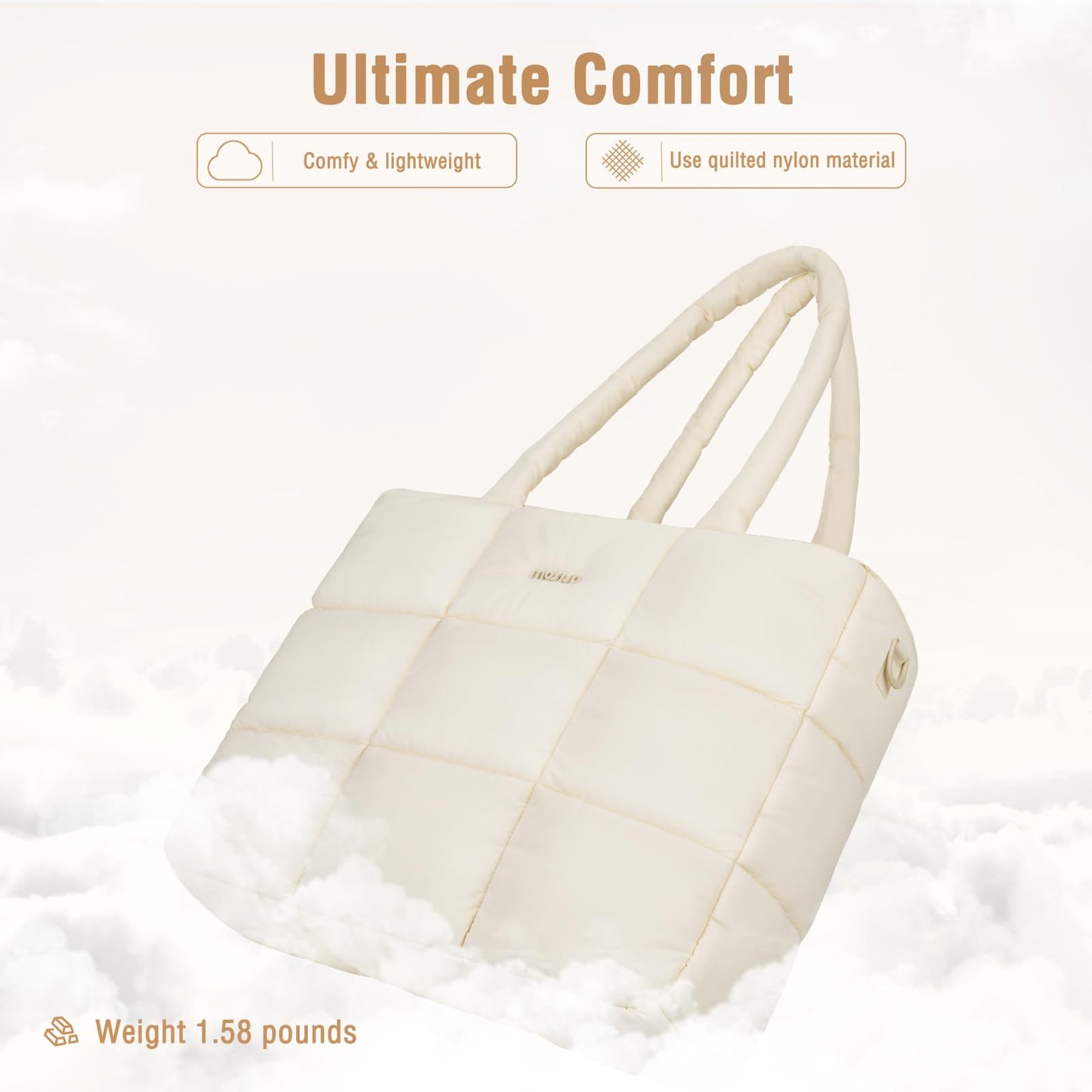 MOSISO Tote Bag for Women, Lightweight Puffy Tote Bag with Trolley Sleeve & Laptop Compartment, 15-16 inch Laptop Bags Large Capacity Quilted Handbag Shoulder Bags for Work Travel Gym Office, Beige