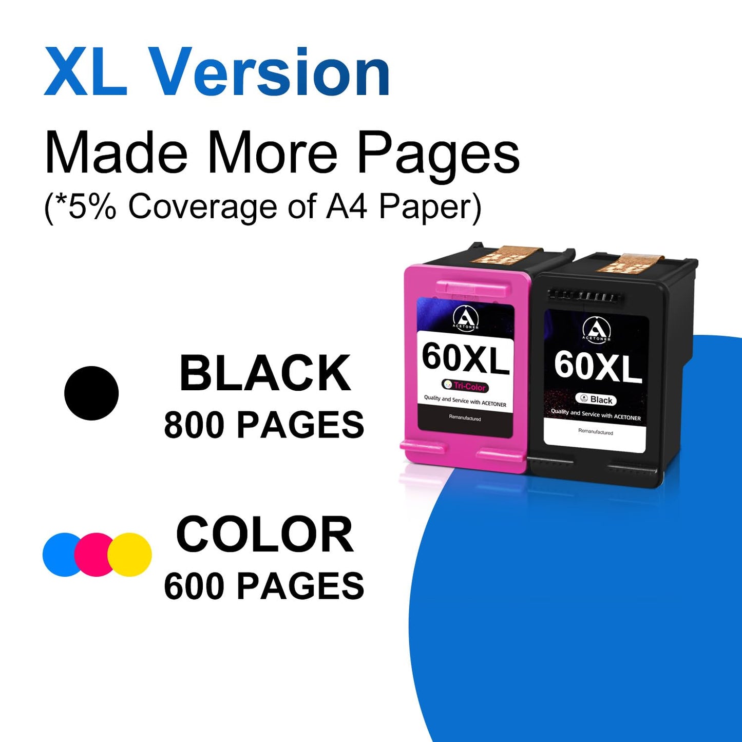 ACETONER 60XL Ink Cartridges Combo Pack Replacement for HP 60 60 XL High Yield Work for PhotoSmart C4780 C4680 C4795 C4640 Deskjet F4480 F4440 F2430 Envy 110 120 111 114 (1 Black, 1 Tri-Color)