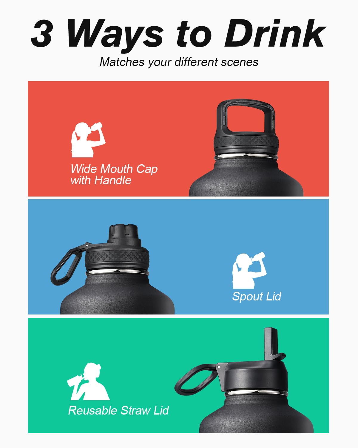 Water Bottle Insulated 64 oz with Straw & 3 Lids, Coolflask Large Metal Stainless Steel Water Jug Big Half Gallon Wide Mouth for Sports, Gym or Office, BPA-Free Keep Cold 48H Hot 24H, Magic Black