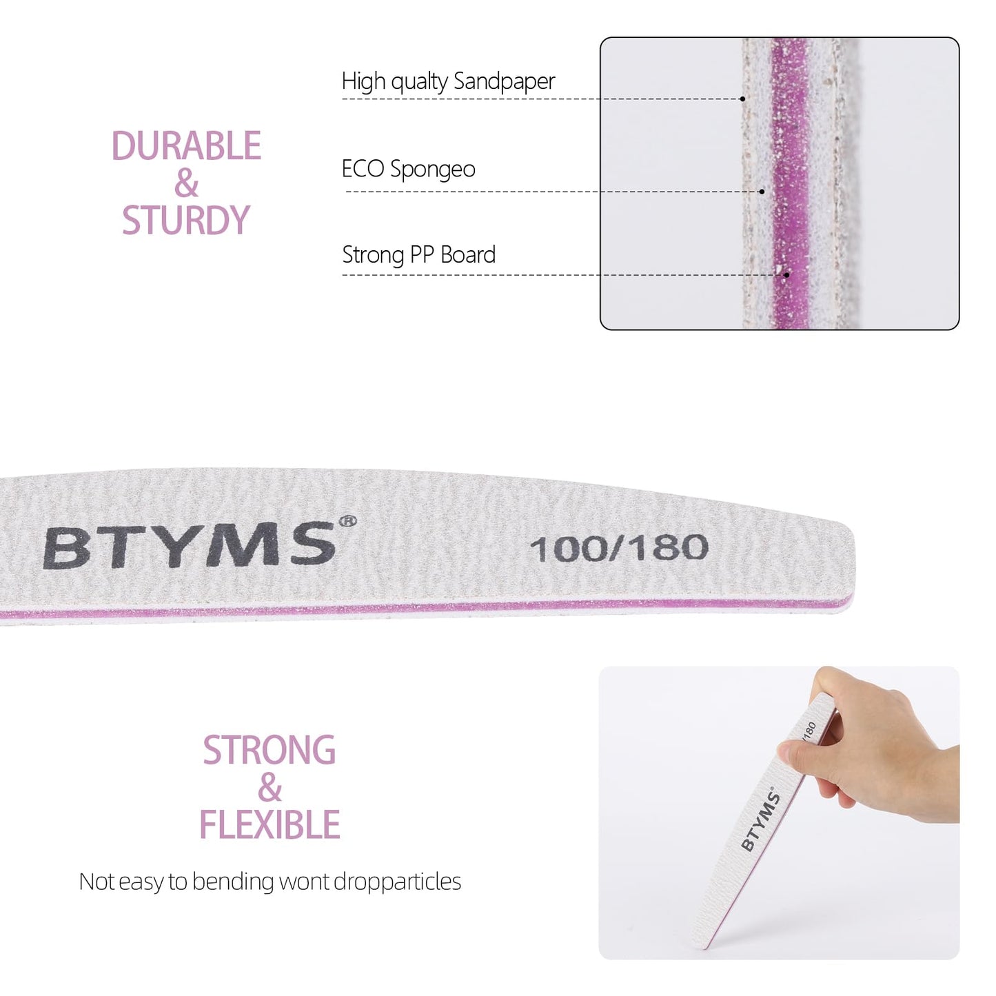 BTYMS 100 Pieces 100/180 Grit Nail Files and Buffers, Double Sided Emery Boards Nail Buffing File for Acrylic Nails