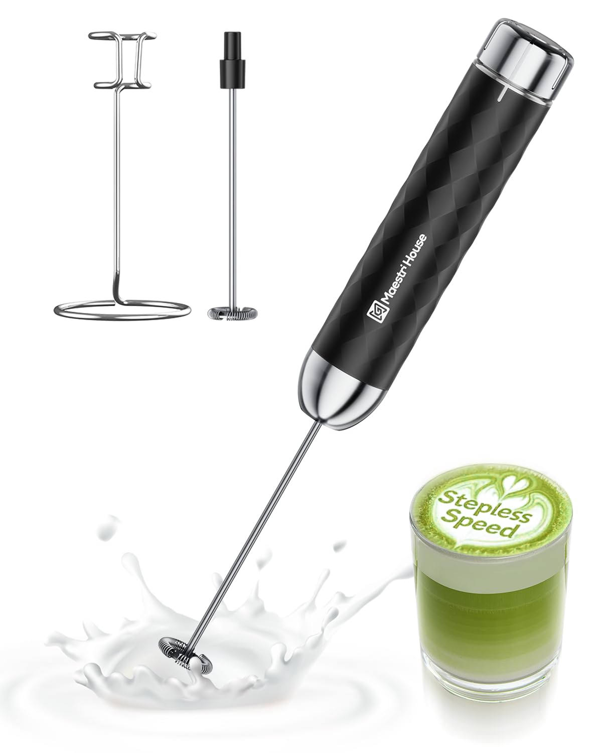 Maestri House Milk Frother with Stepless Speed Control, Handheld Coffee Frother with Detachable Whisks and Stainless Steel Stand, Drink Mixer for Matcha, Latte, Cappuccino, LunaFro 2.0