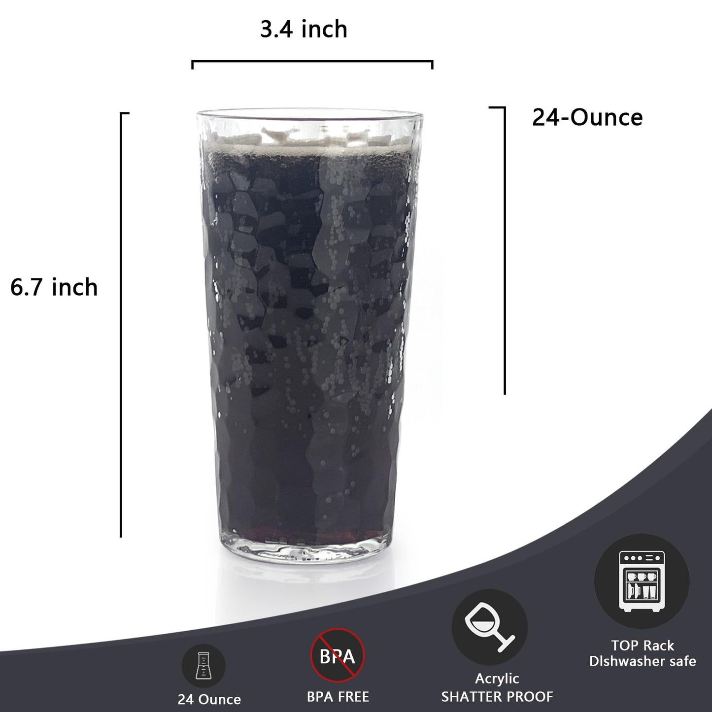 Yalin 24-Ounce Plastic Tumbler Acrylic Drinking Glasses, Reusable Plastic Cups, Stackable, BPA-Free, Shatter Proof, Dishwasher Safe, Set of 8 (Clear)