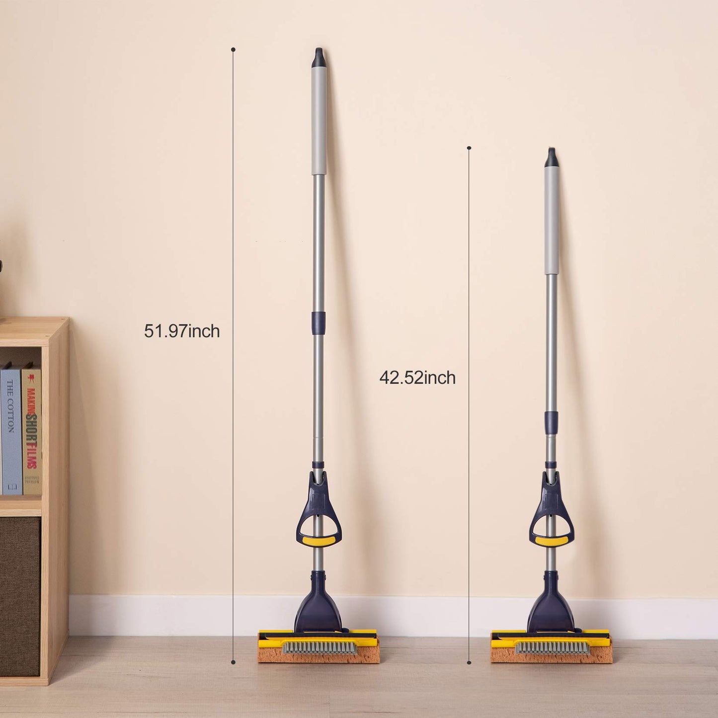 Yocada Sponge Mop Home Commercial Use Tile Floor Bathroom Garage Cleaning with Squeegee and Extendable Telescopic Long Handle 41-53 Inches Easily Dry Wringing