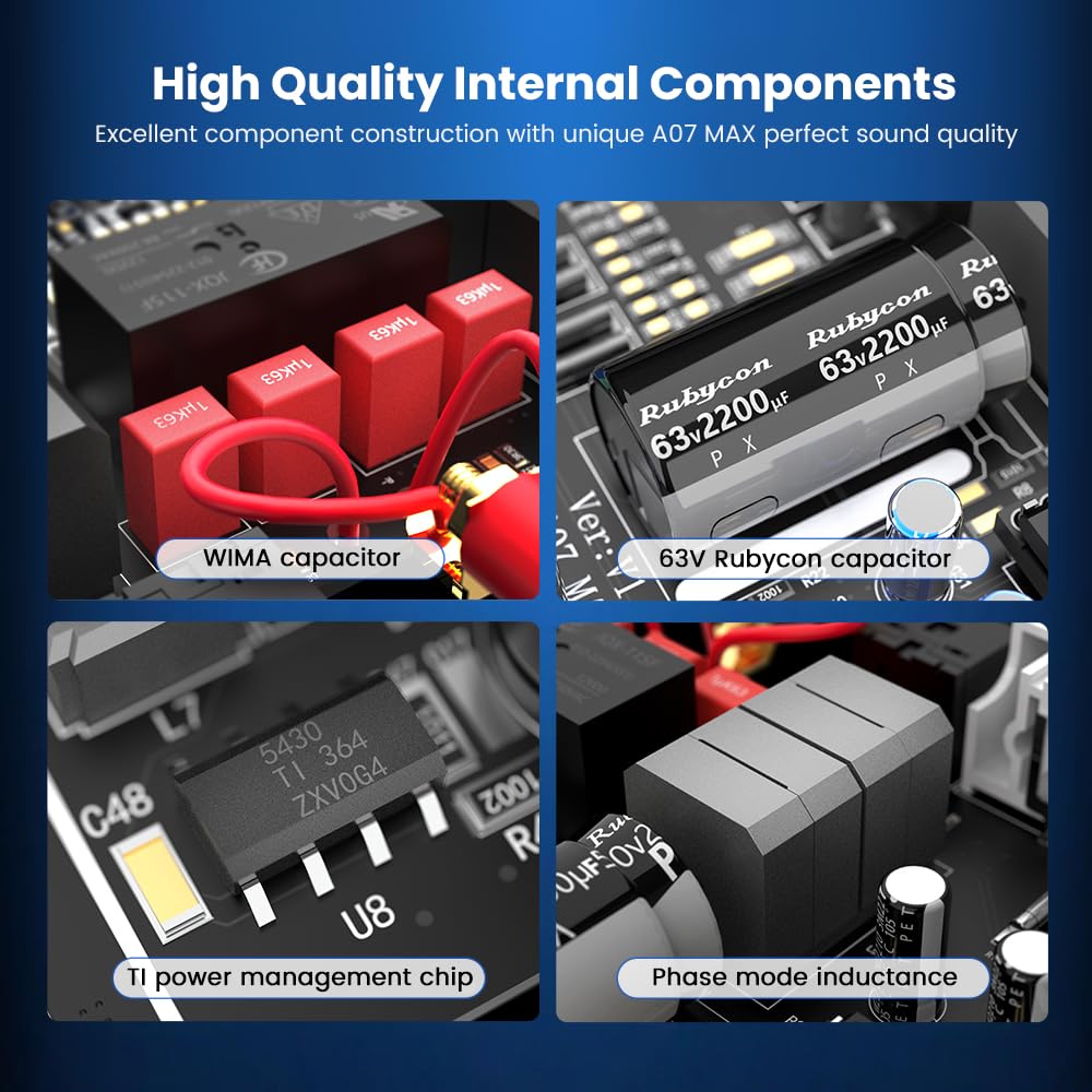 AIYIMA A07 MAX 2 Channel Amplifier Home Audio 300W*2 TPA3255 Class D Power Amp Bridgeable Mono Stereo Amplifier with 3.5mm Line Output for Passive Bookshelf Desktop Speakers+DC 36V Power Adapter