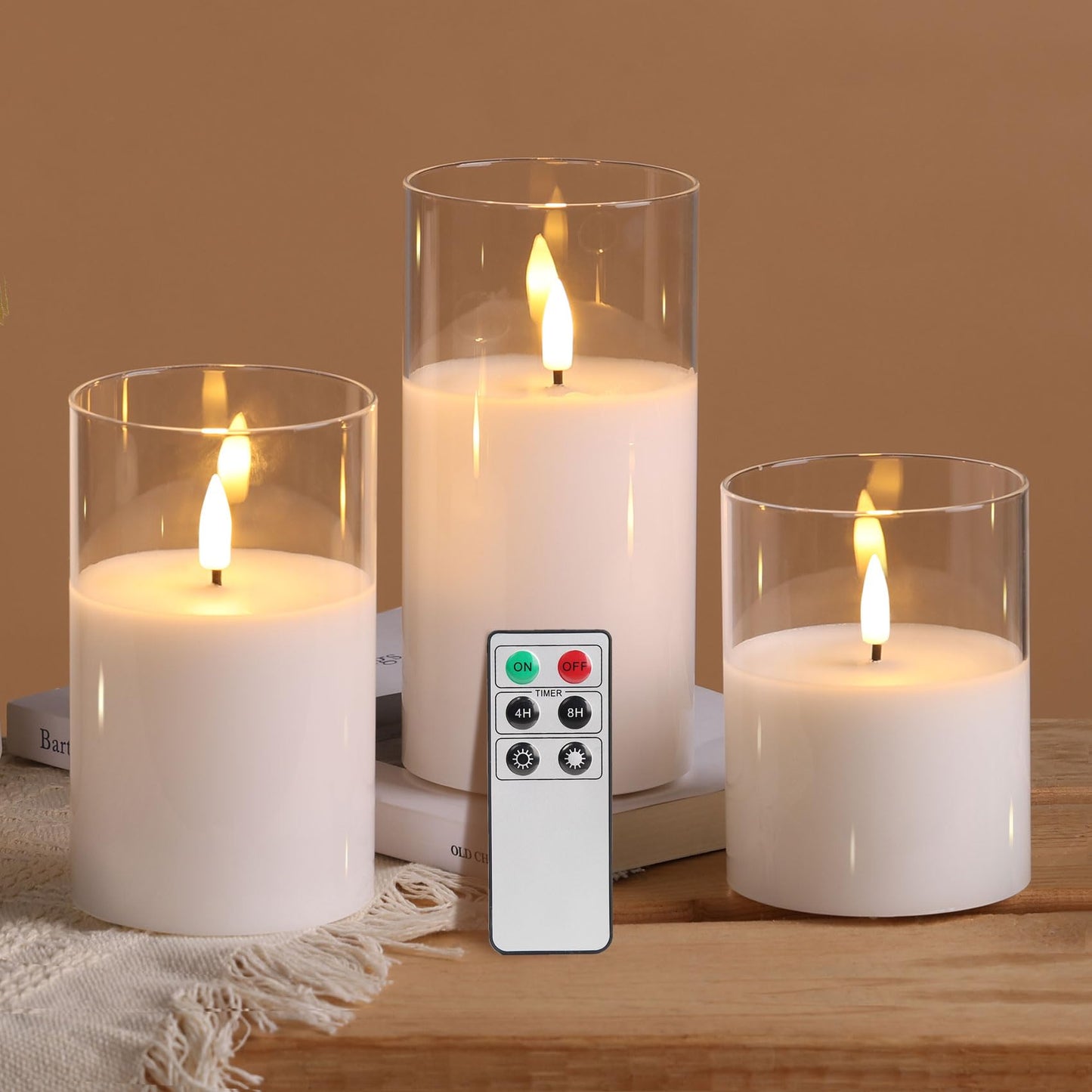 Eywamage Clear Glass Flameless Candles with Remote Set of 3, White Flickering Battery Operated LED Pillar Candles Φ 3" H 4" 5" 6"